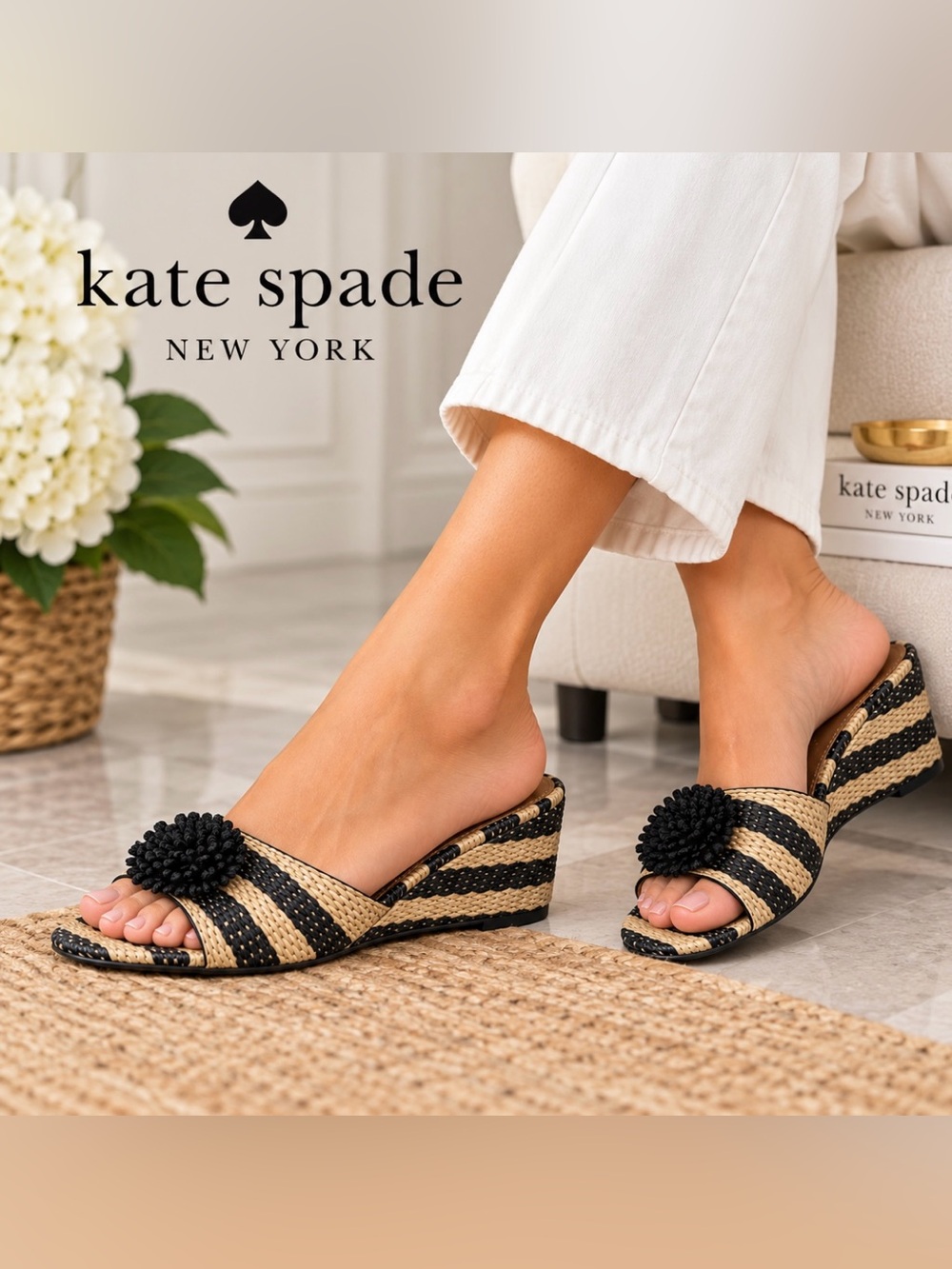 kate spade Women Black & Natural Striped Wedge Slides with Pom Pom Size 8B